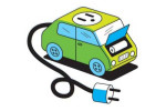 Cartoon image of a small electric car with a plug and power cord, representing electric vehicle technology.